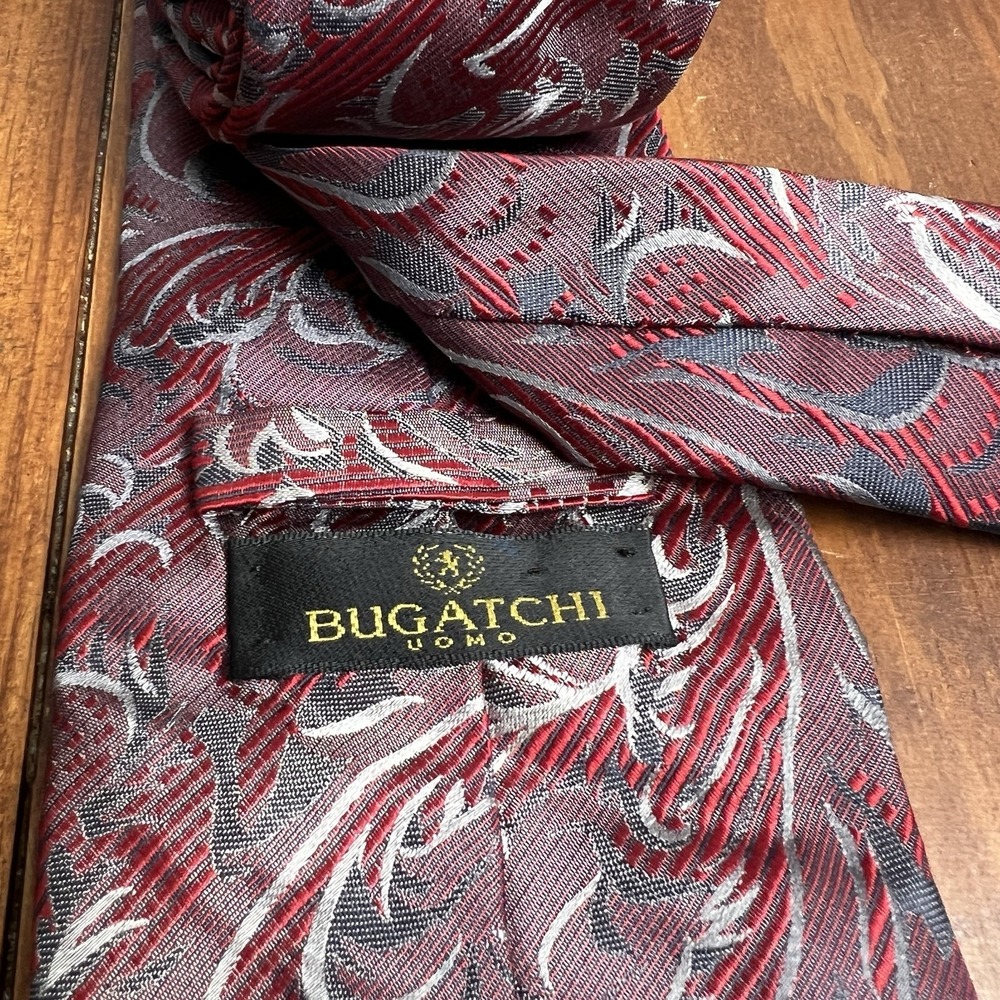 BUGATCHI UOMO Red Silver White Black Leaf Silk Woven Necktie TIE 58"L x 4"W - Picture 4 of 12